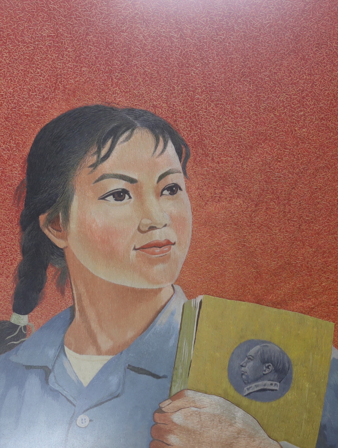 A framed Cultural Revolution embroidery picture of a girl holding a book and a porcelain tile of Mao, embroidery 34.5cm wide x 44.5cm high